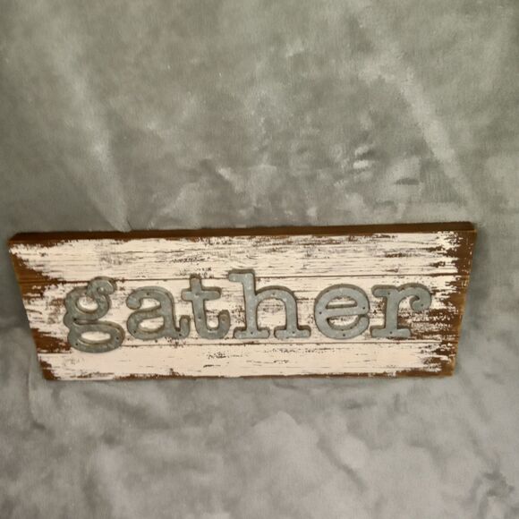 Gather Sign For Home Decor White Rustic Farmhouse Wood‎ w/ Metal Lettering - Picture 2 of 8